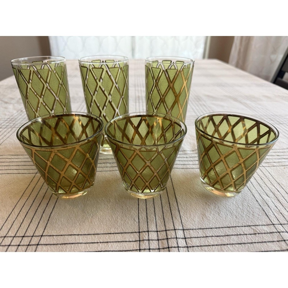 VTG MCM Set Of 6 Culver Valencia Bar Highball/Lowball Tumblers Green & 22k Gold